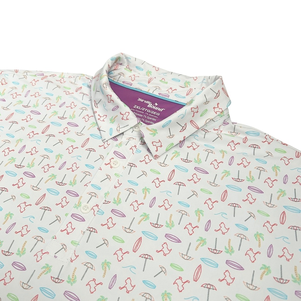 Birdie Bound Mens 2XL Golf Polo Shirt White Tropical‎ Surfboard Palm Tree Print